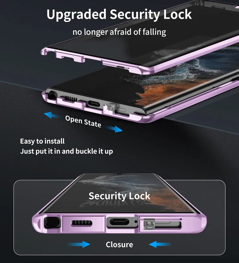 Samsung Galaxy S24 Ultra phone case with a magnetic mirror and metal construction in multiple colour options.