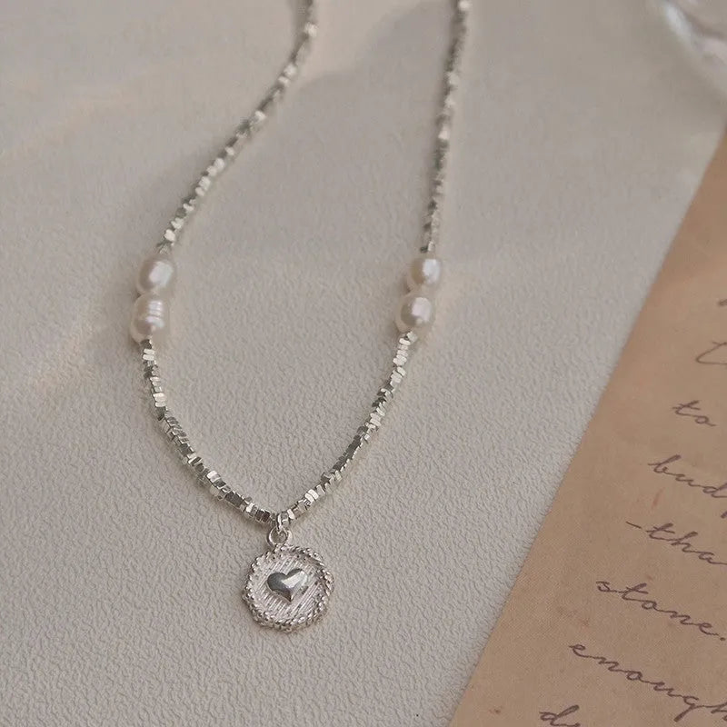 Fashion love heart pearl necklace for women with 925 sterling silver chain and 1.1cm pendant