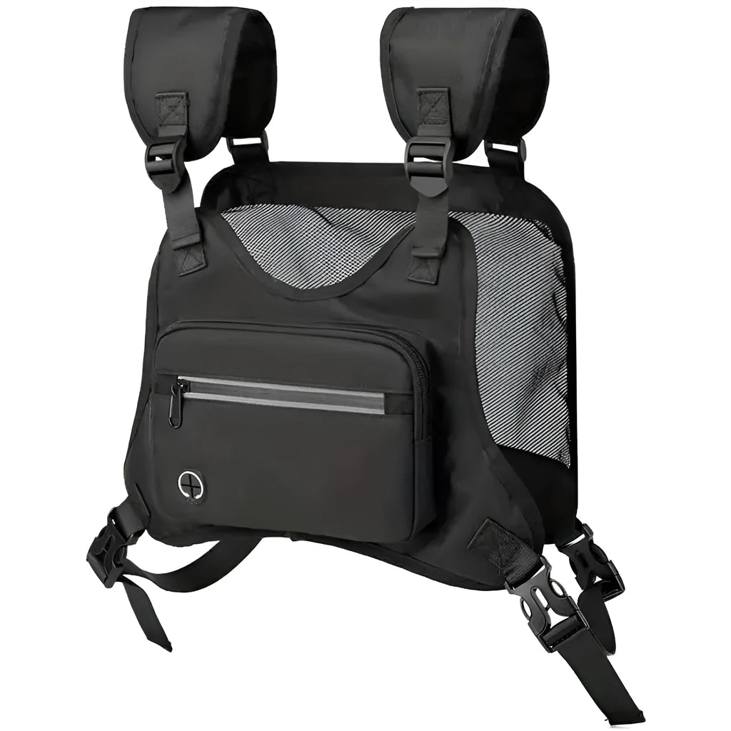 Black outdoor sports chest bag with adjustable straps and reflective mesh pocket for running and cycling