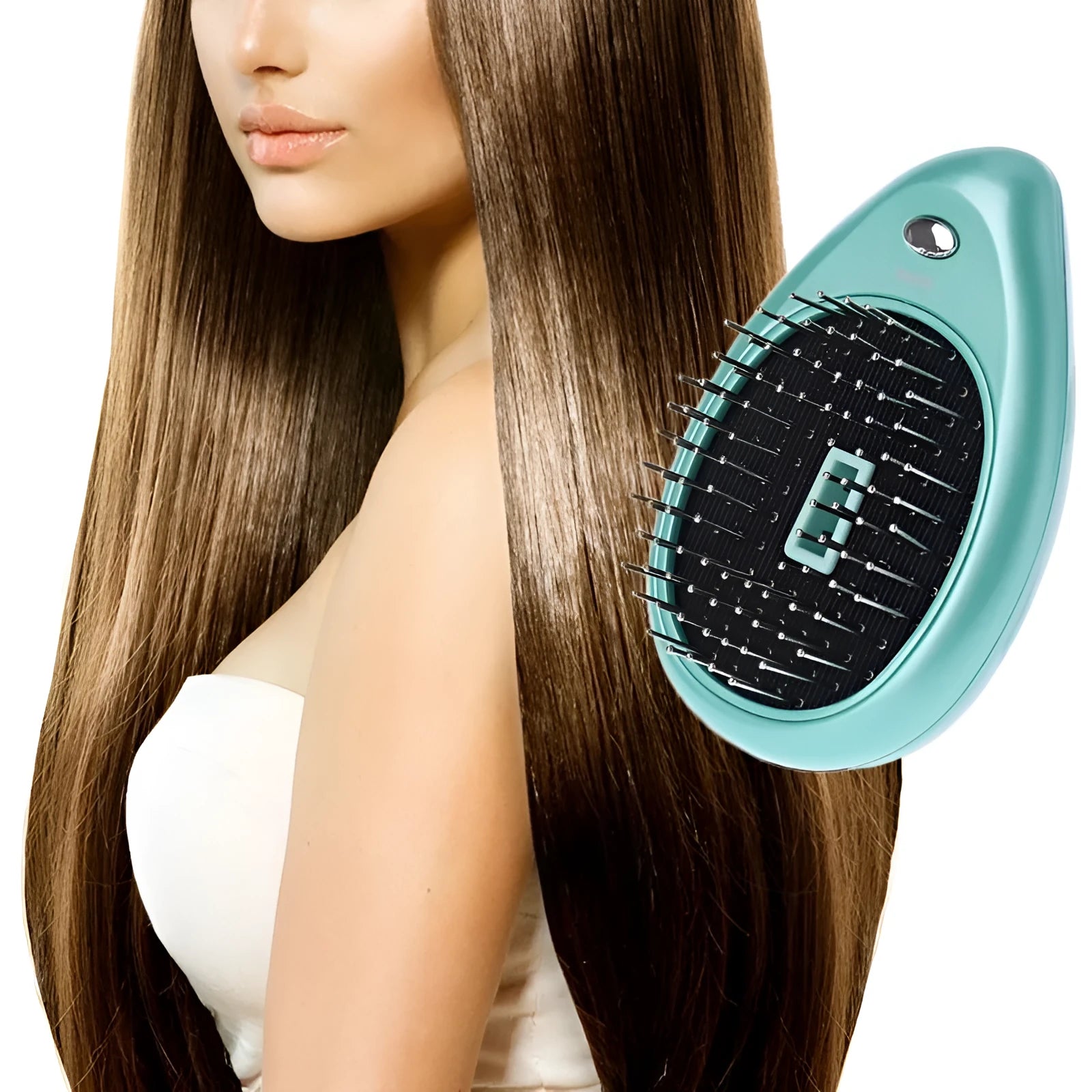 Pink electric ionic hair comb with ergonomic design on white background