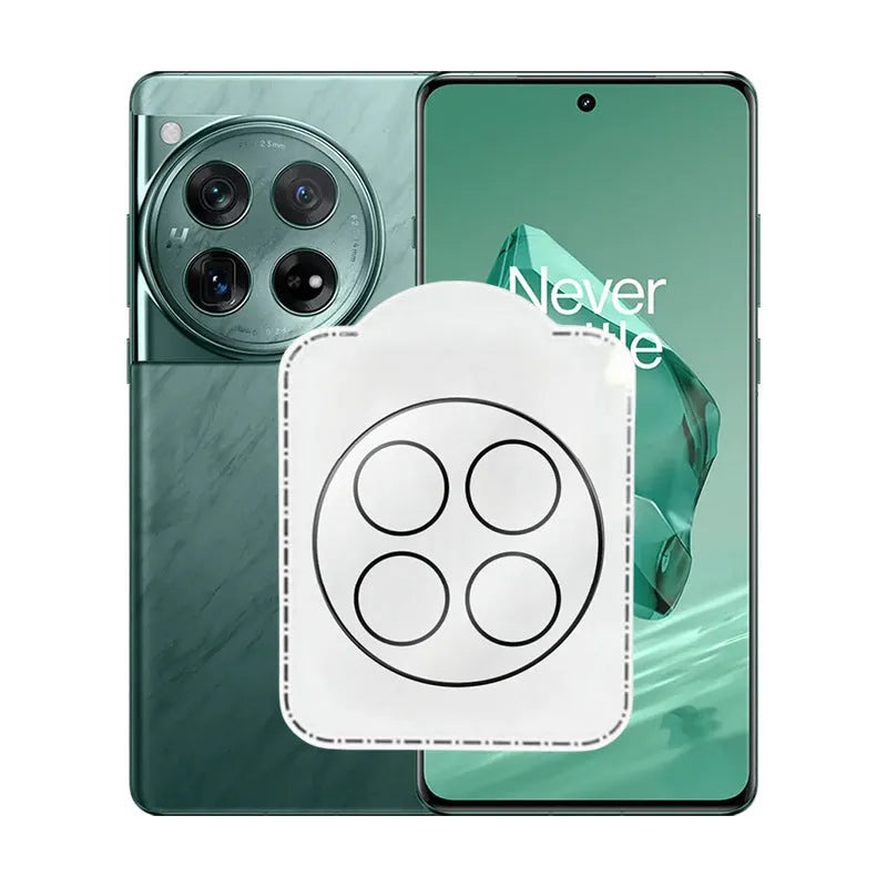 Tempered glass lens protector with black ring for OnePlus 12, Find N3, and OnePlus 11 smartphones.