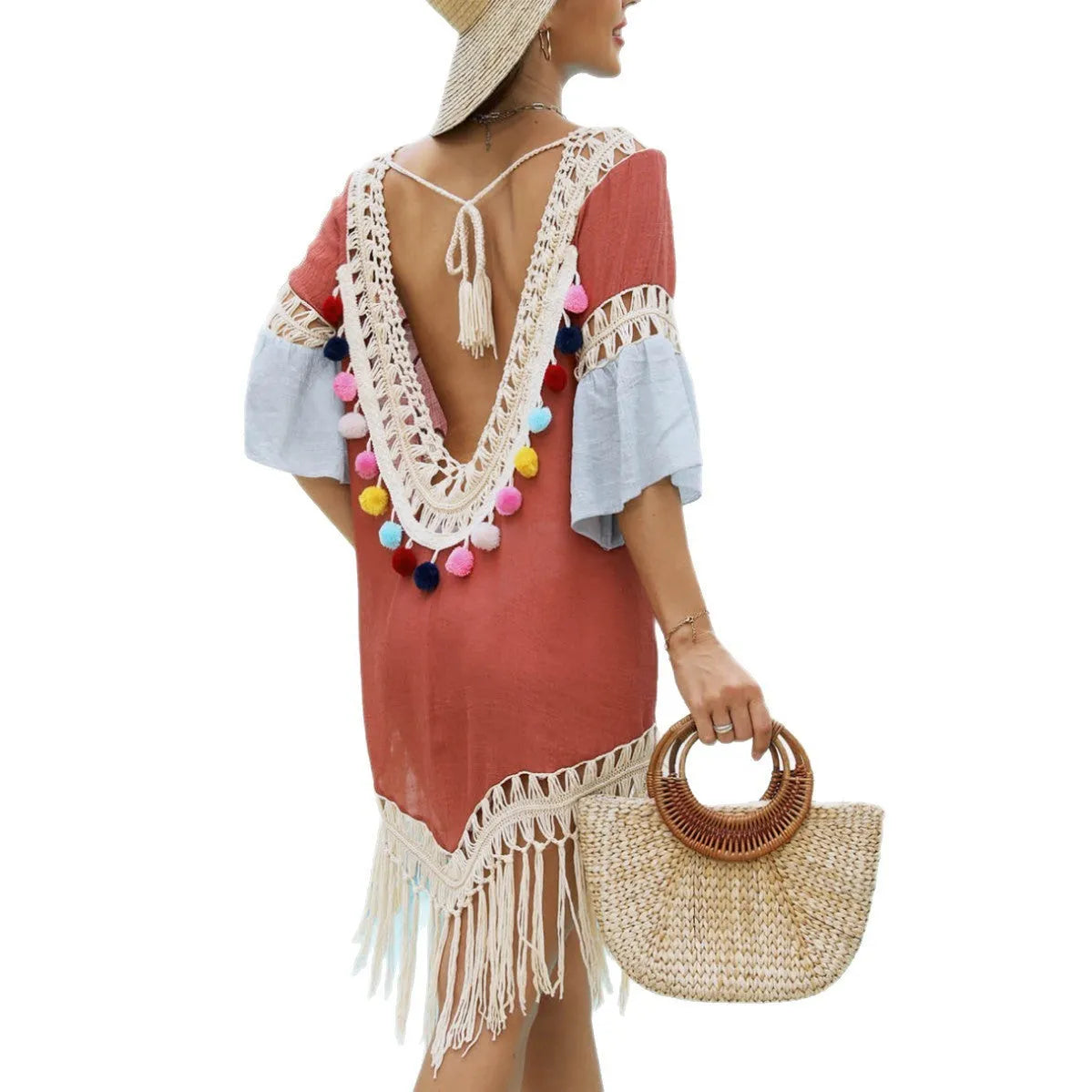 Orange beach overskirt with hand crochet stitching, bamboo cotton tassels, and floral pattern
