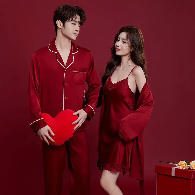 Red silk pyjama set for men and women with long sleeves and trouser length