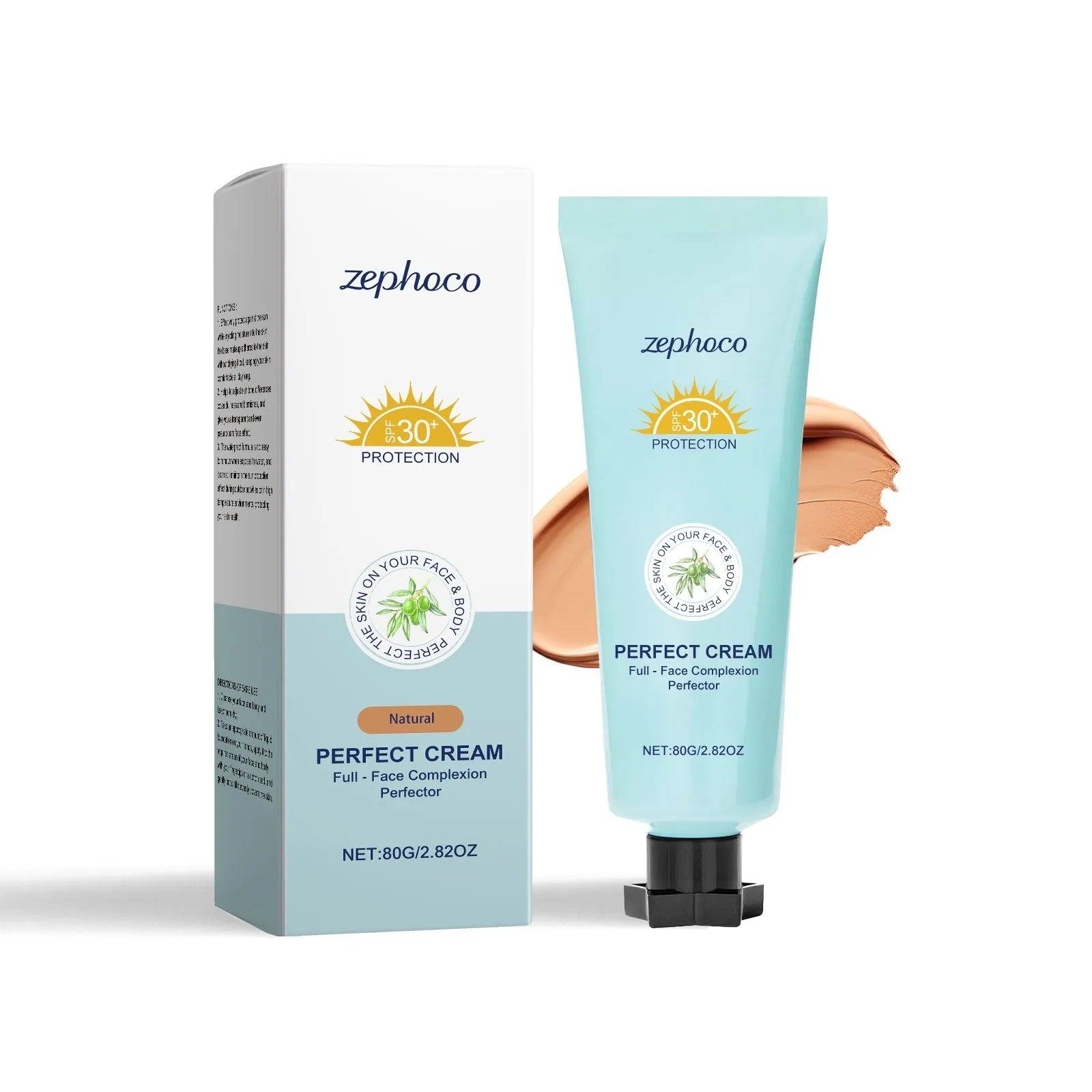 Bottle of SPF liquid foundation cream with aloe and hyaluronic acid in three colour shades.
