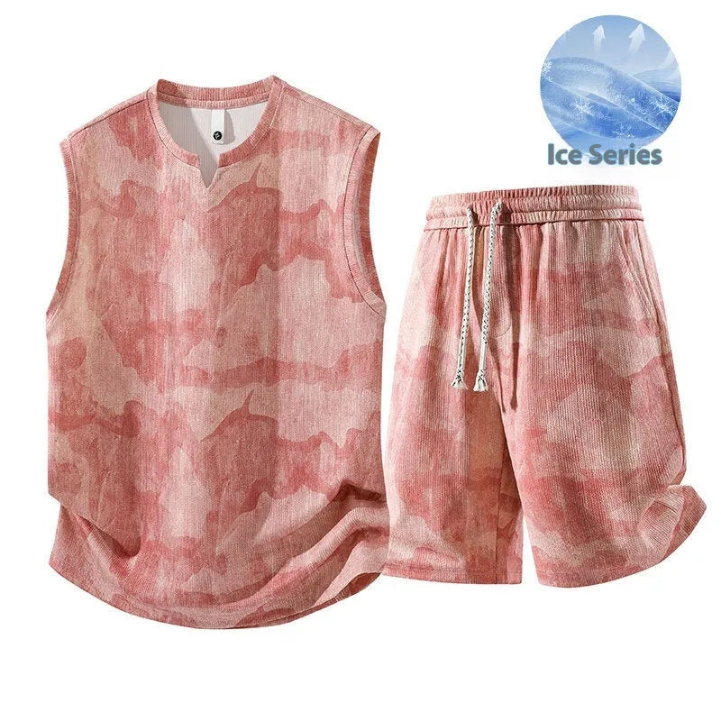 Sleeveless vest and shorts two-piece casual suit in a light denim blue colour for larger sizes.