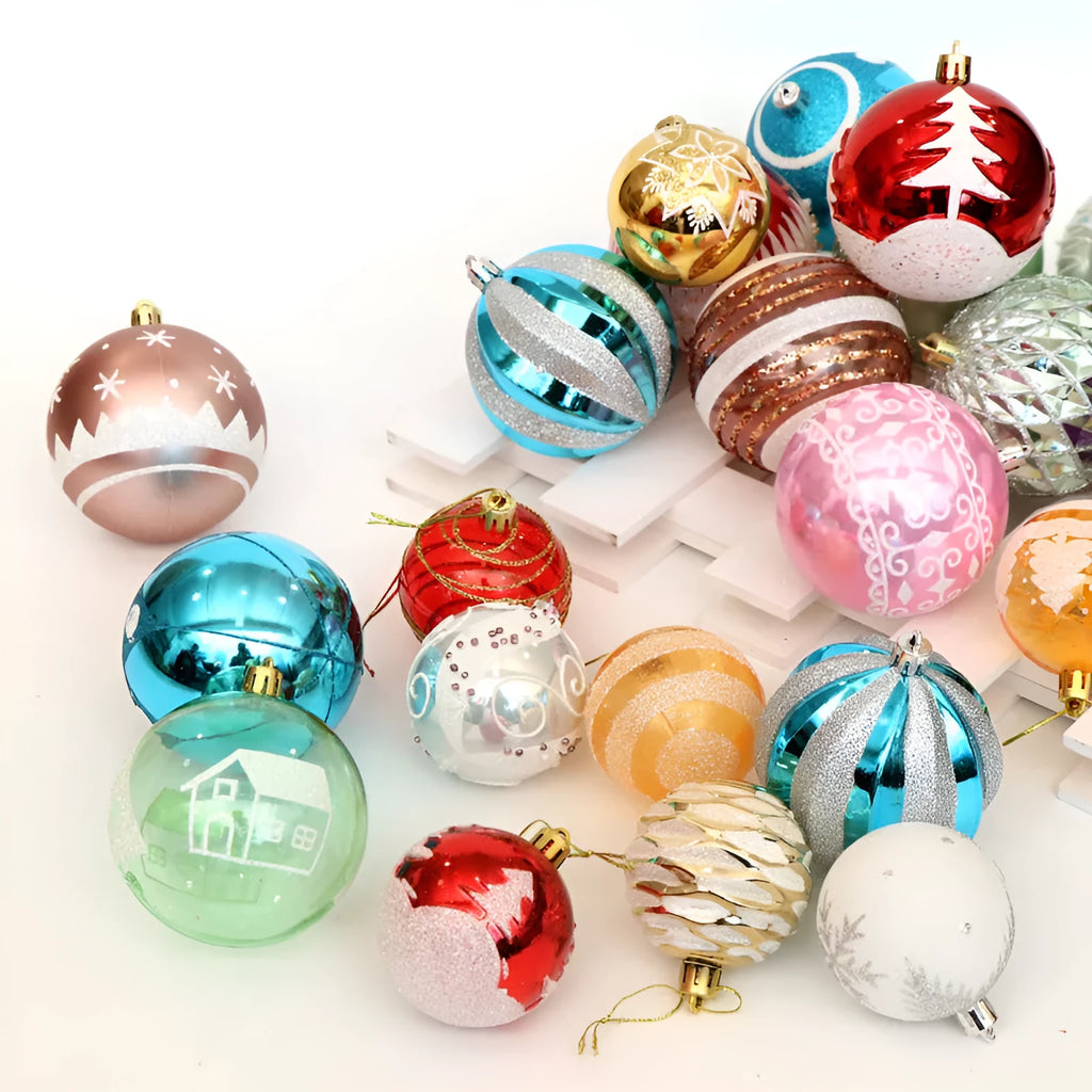 Hand painted 6cm Christmas baubles in various colours including red, gold, green, and blue.