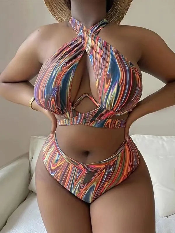 Women's plus size floral high waist bikini swimsuit in picture colour.