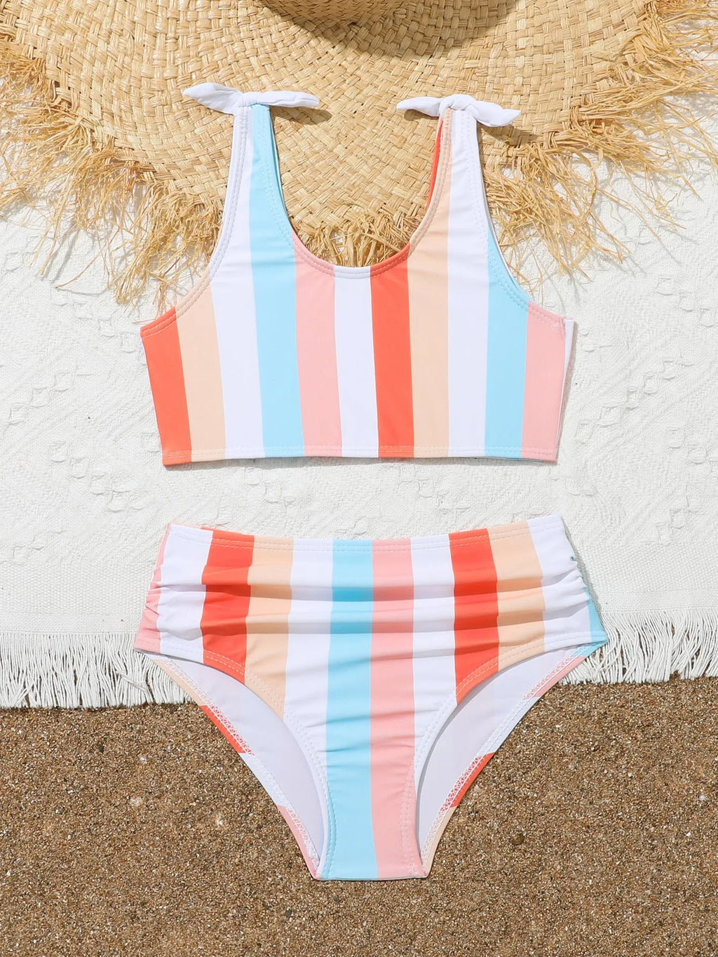 Girls' plaid print bikini brief swimsuit set for swimming, showing bra and panties