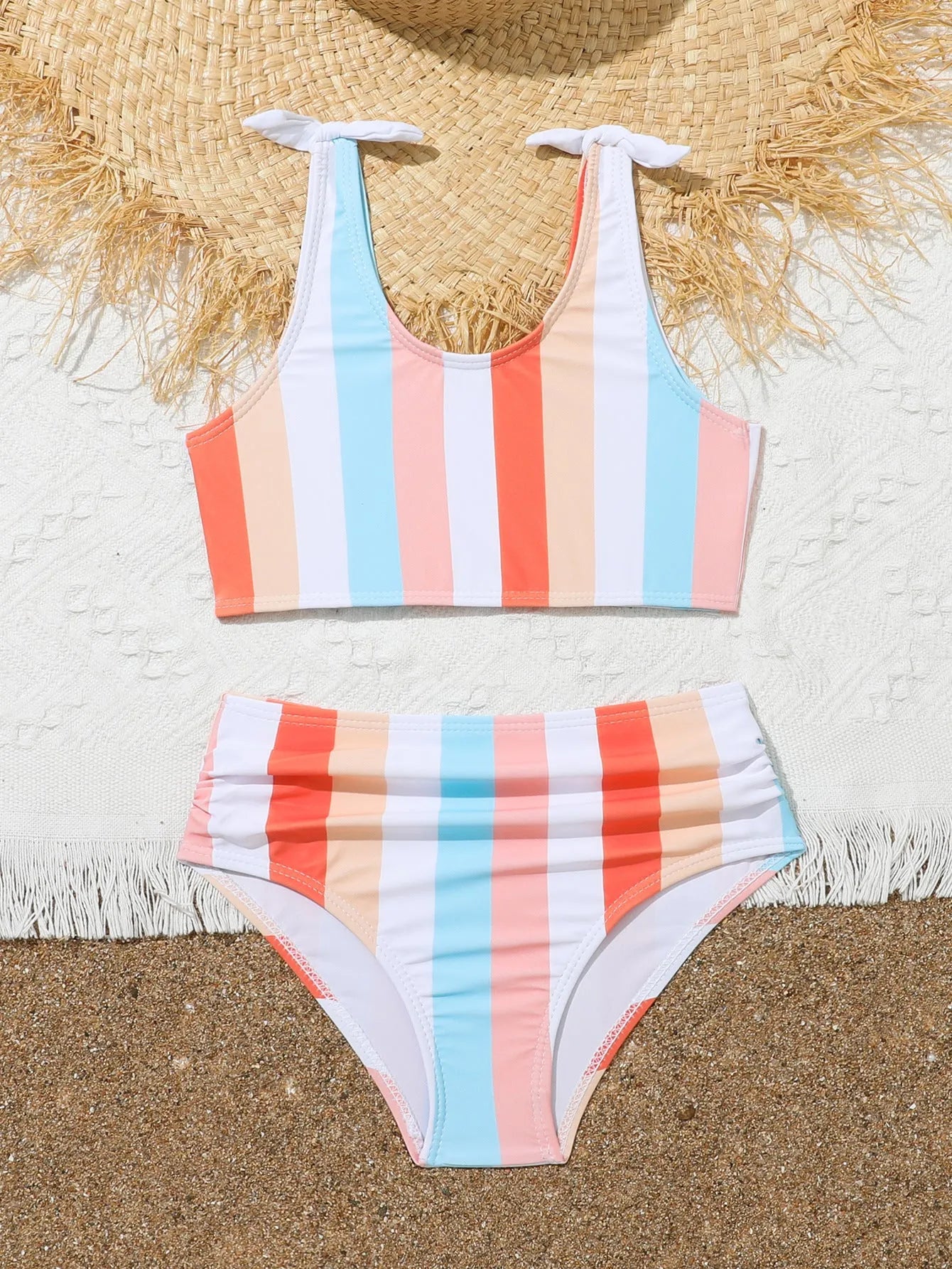 Girls' plaid print bikini brief swimsuit set for swimming, showing bra and panties