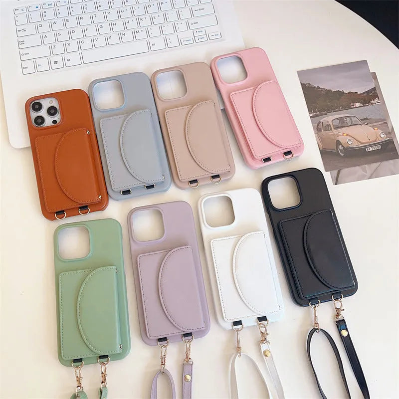 Litchi pattern phone case with coin purse card holder and lanyard for iPhone on white background