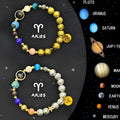 Set of two natural stone beaded bracelets on elastic cords, showing zodiac sign designs.