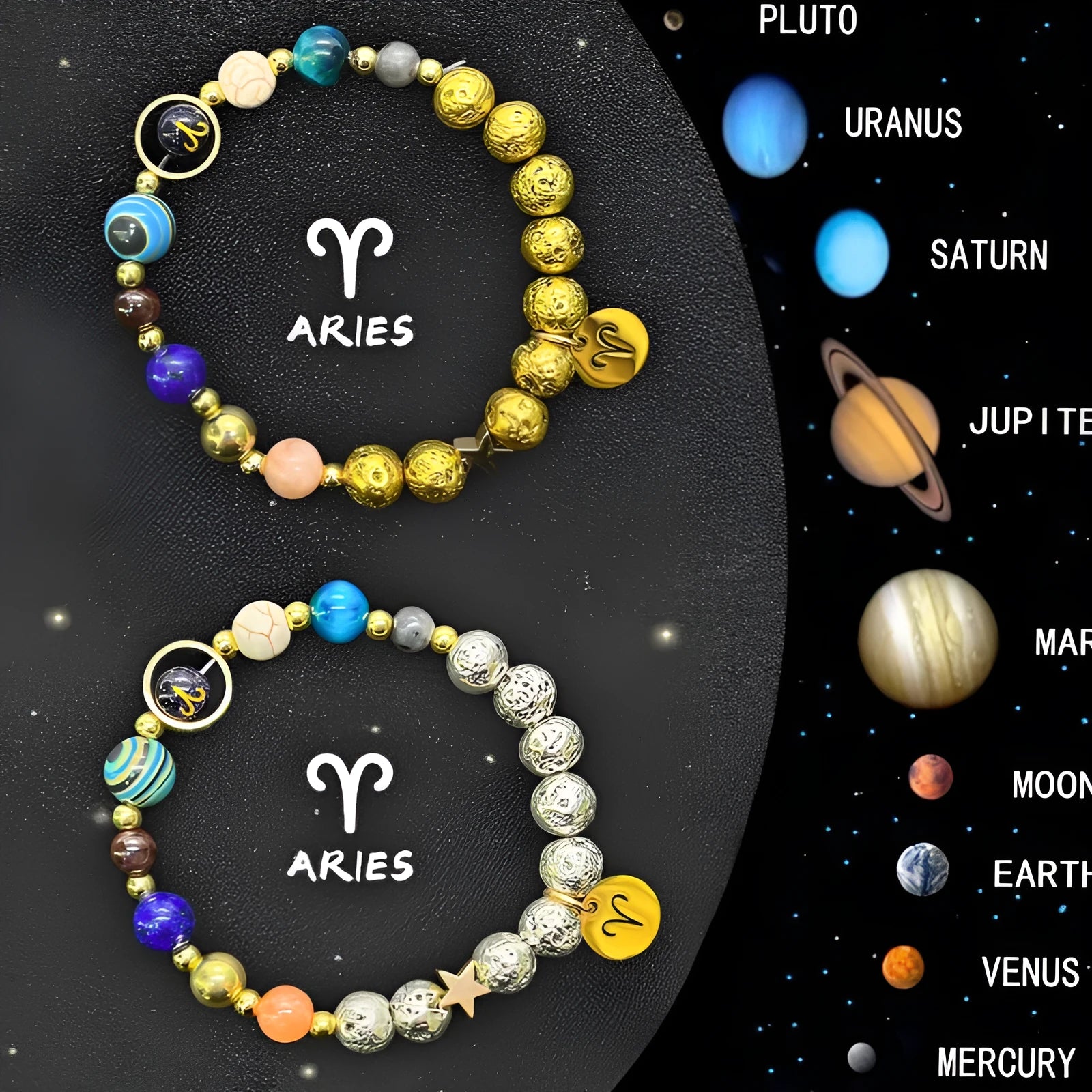 Set of two natural stone beaded bracelets on elastic cords, showing zodiac sign designs.
