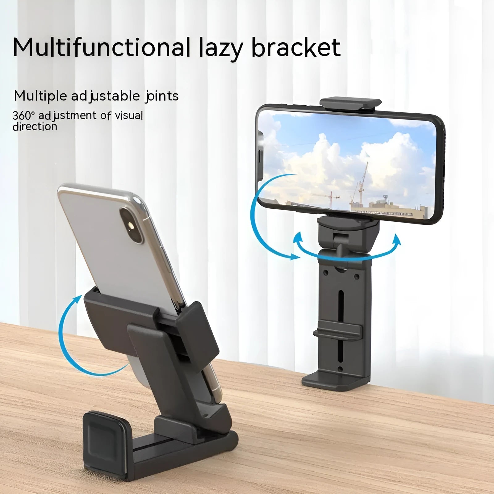 H22 Black 360-degree rotary collapsible desktop phone holder showing rotational mechanism