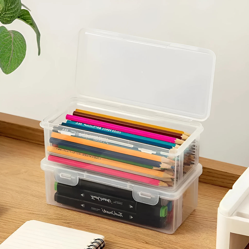 Transparent plastic stationery storage box for pencils and drawing tools