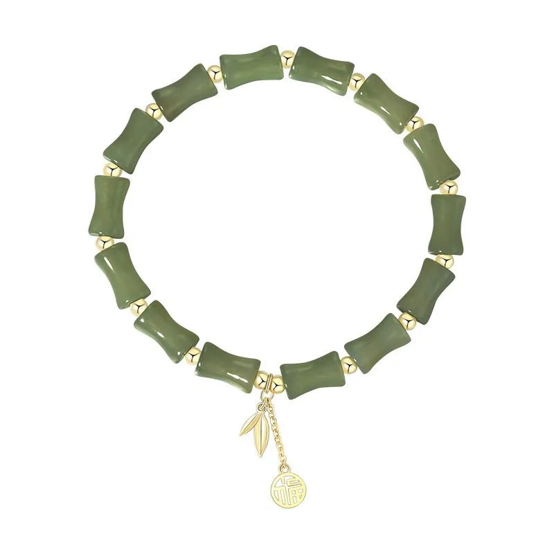 Green Chinese bamboo design Hetian jade bracelet and matching necklace set