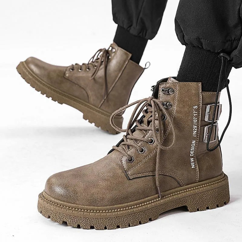 High-top winter hiking boots in black with thick bottom, PU upper, leather stitching, round toe, and front lace-up closure