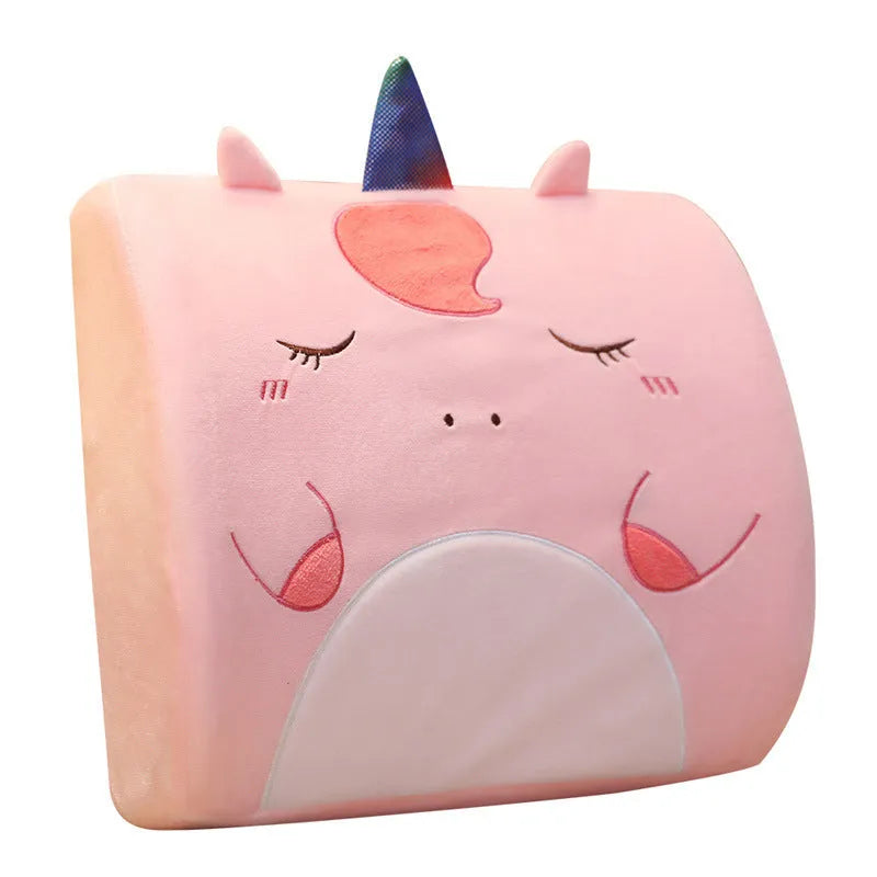 Cartoon memory foam car cushion with removable washable cover in Pink Unicorn design.