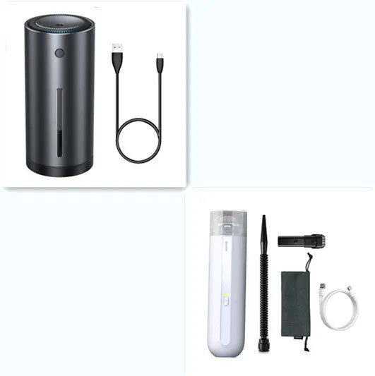 Baseus wireless handheld car vacuum cleaner in black, white, or green with blowing hose attachment.