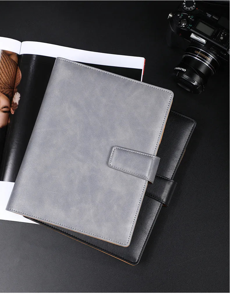 A5 hardcover leather buckle notebook in black, blue, brown, grey, or red with binder binding