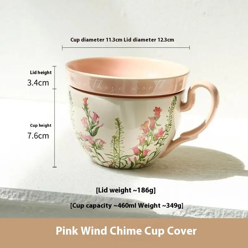 Lily Wind Chimes ceramic cup with lid, 460ml, floral pattern, green or pink options