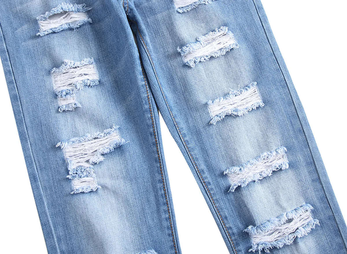 Men's ripped straight denim trousers in dark blue, mid waist, light straight leg, zip fly, sizes 28-42