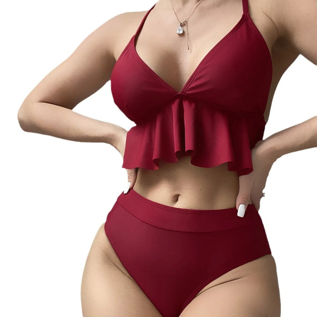 Women's solid colour bikini swimsuit top and pants on a mannequin.