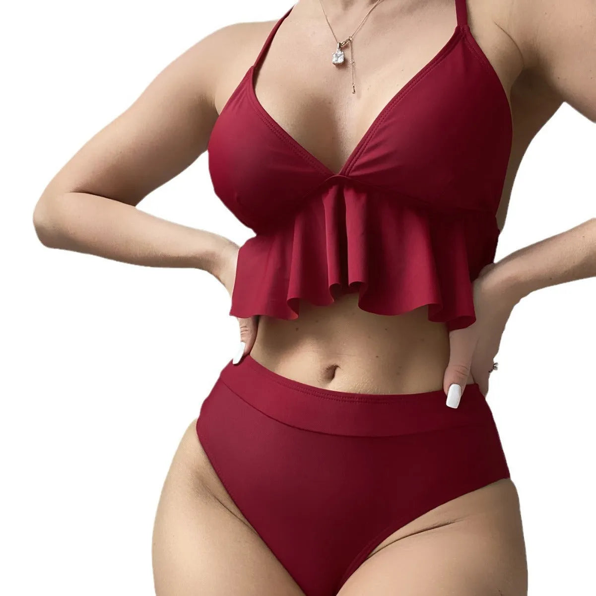 Women's solid colour bikini swimsuit top and pants on a mannequin.
