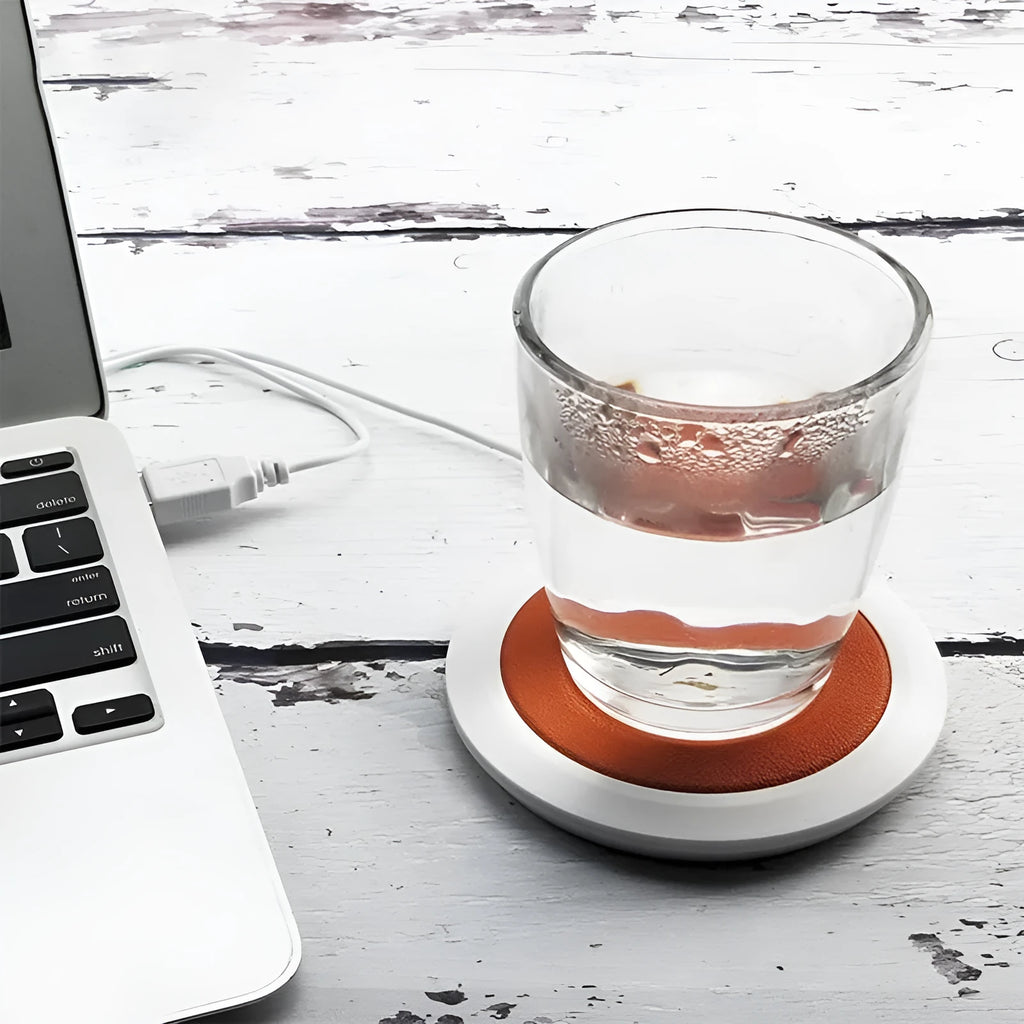 Insulated USB heating coaster with PU leather cover in black, blue, or orange colours