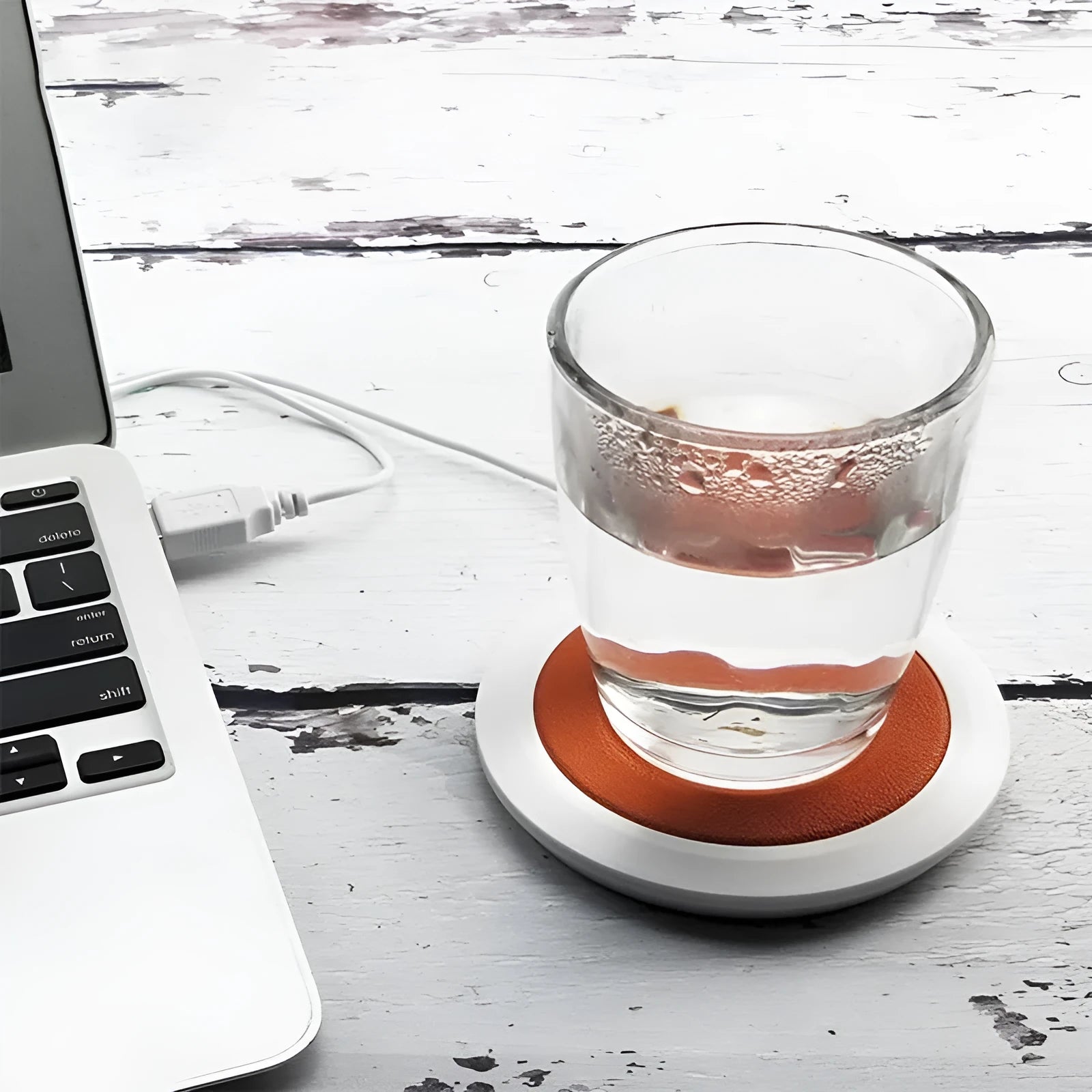 Insulated USB heating coaster with PU leather cover in black, blue, or orange colours