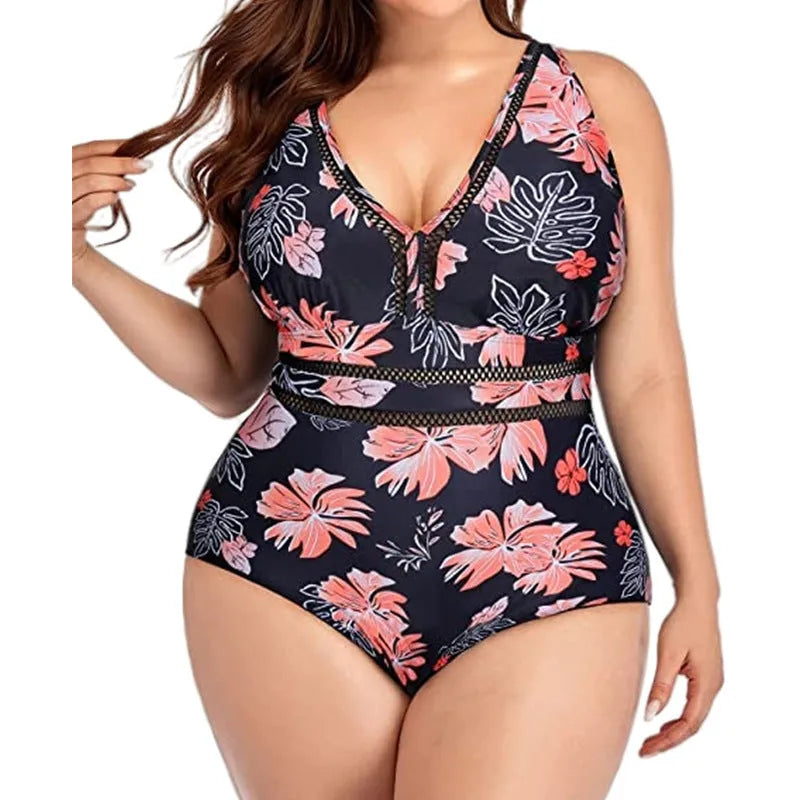 Women's black printing polyester mesh plus-size bikini swimsuit on hanger