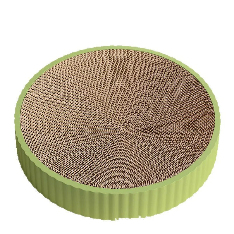 Round green cat scratching board with corrugated paper centre and two replacement packs.