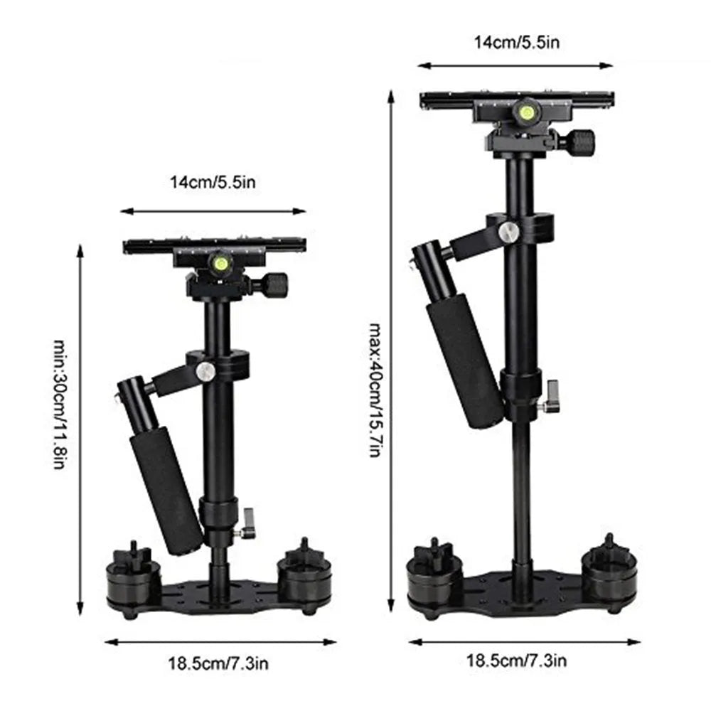 Black S40 and S60 handheld camera stabilisers with adjustable height mechanism