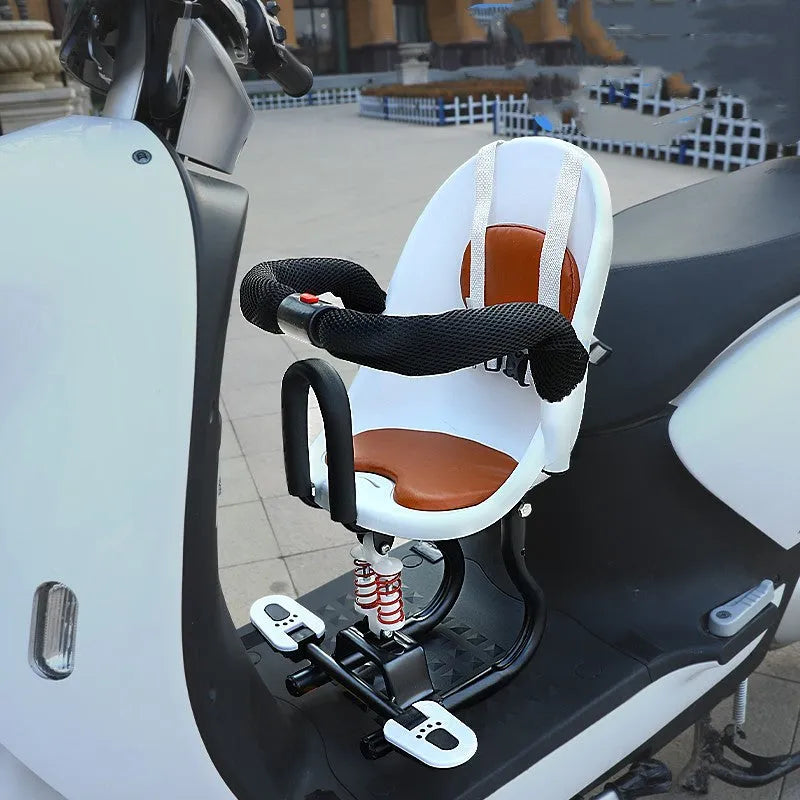 Front-mounted child safety seat for electric scooter in black, red, or white.