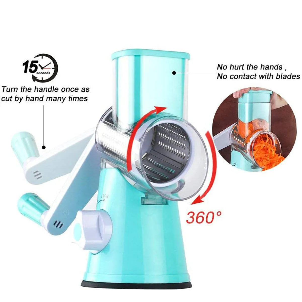 Blue manual round mandoline vegetable and cheese slicer with stainless steel blades.
