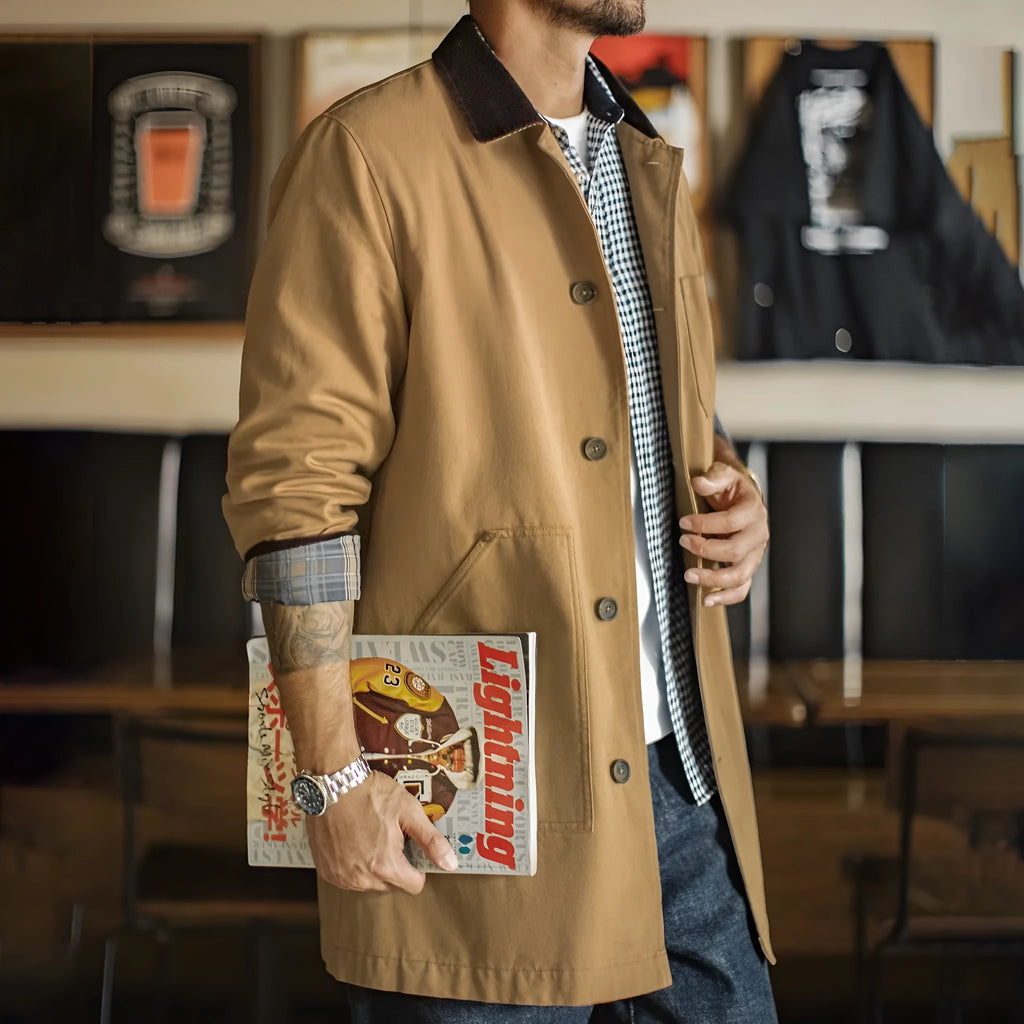 Men's cotton trench coat mid-length in solid khaki colour with loose fit, shown front view