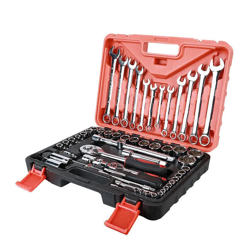61-piece chrome vanadium steel auto repair socket and wrench set in a box.