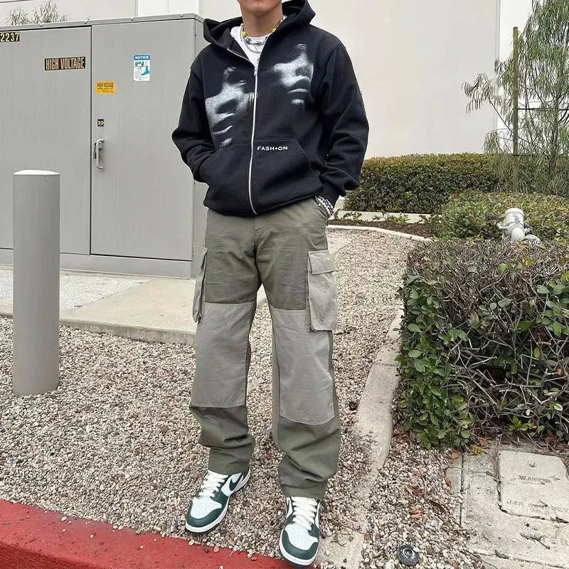 Black Y2K loose fit zip hoodie for men and women, front view, Korean streetwear style