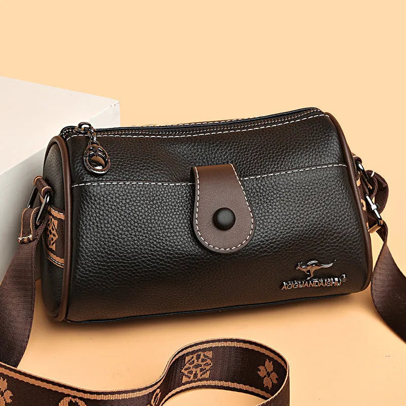 Retro women's leather crossbody bag in khaki, horizontal square shape with top grain leather and spliced detail