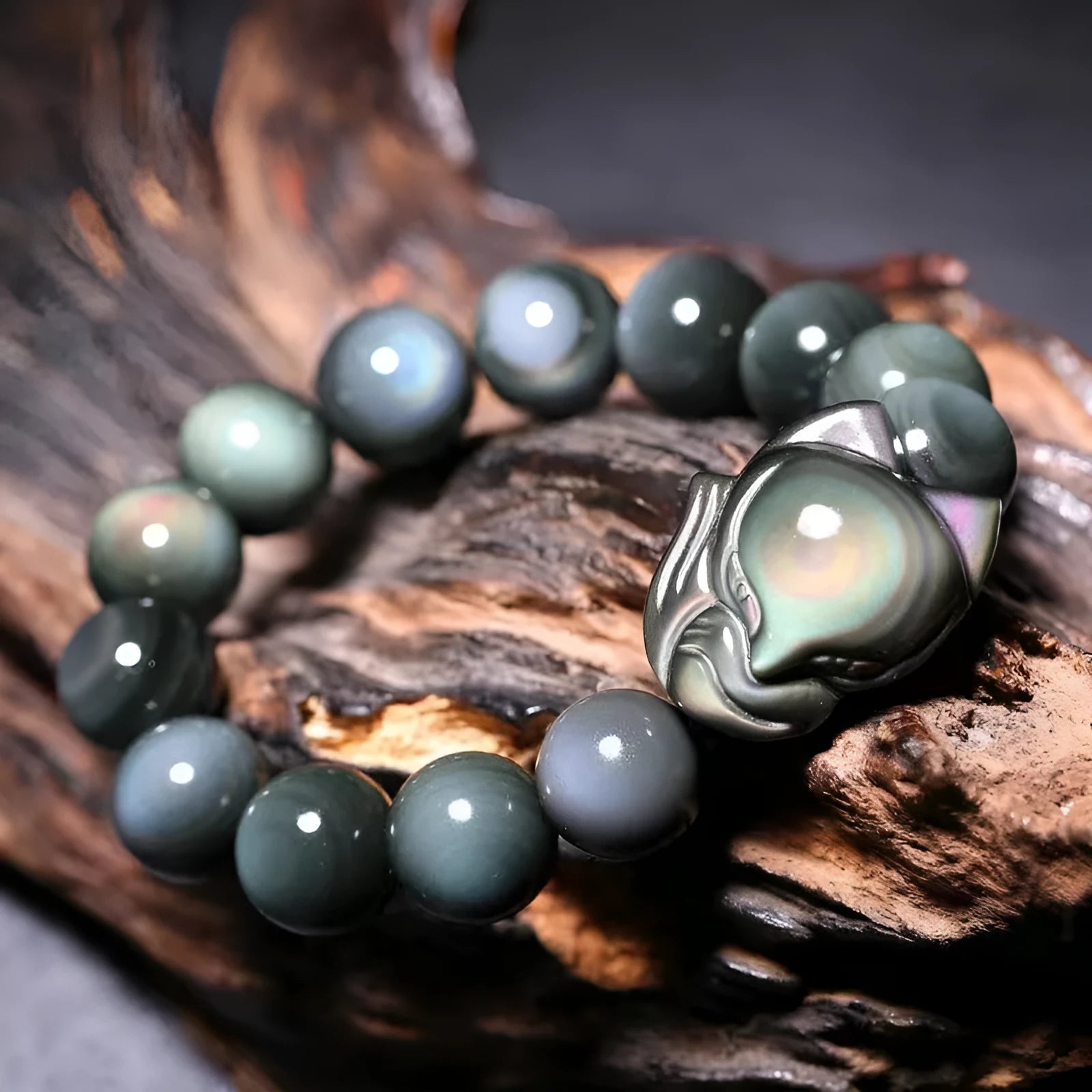 Obsidian fox carved adjustable couple bracelet in 10mm 12mm 14mm 16mm sizes