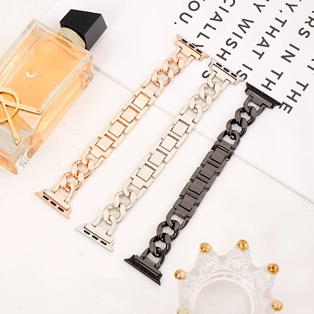 Denim pattern metal chain watch strap for Apple Watch in multiple colour options showing size variations