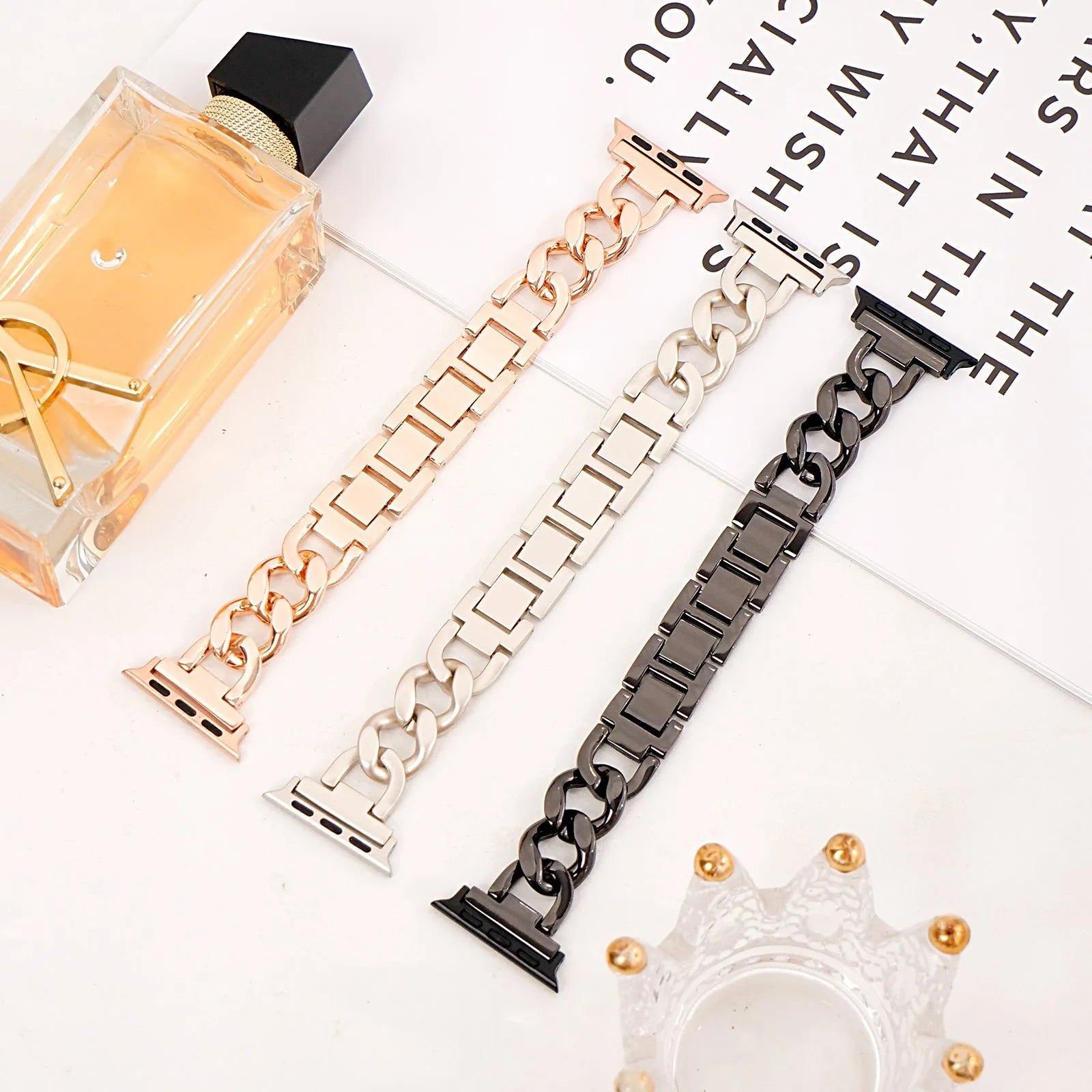 Denim pattern metal chain watch strap for Apple Watch in multiple colour options showing size variations