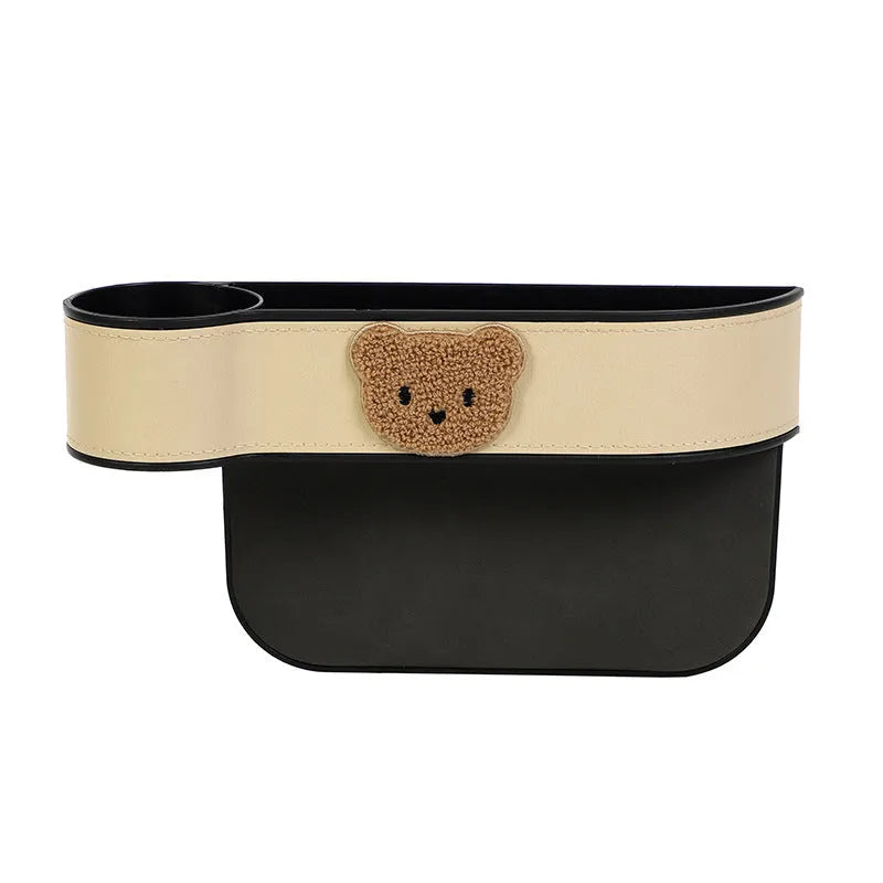Car seat gap storage box with cartoon bear design in synthetic leather for vehicle organisation