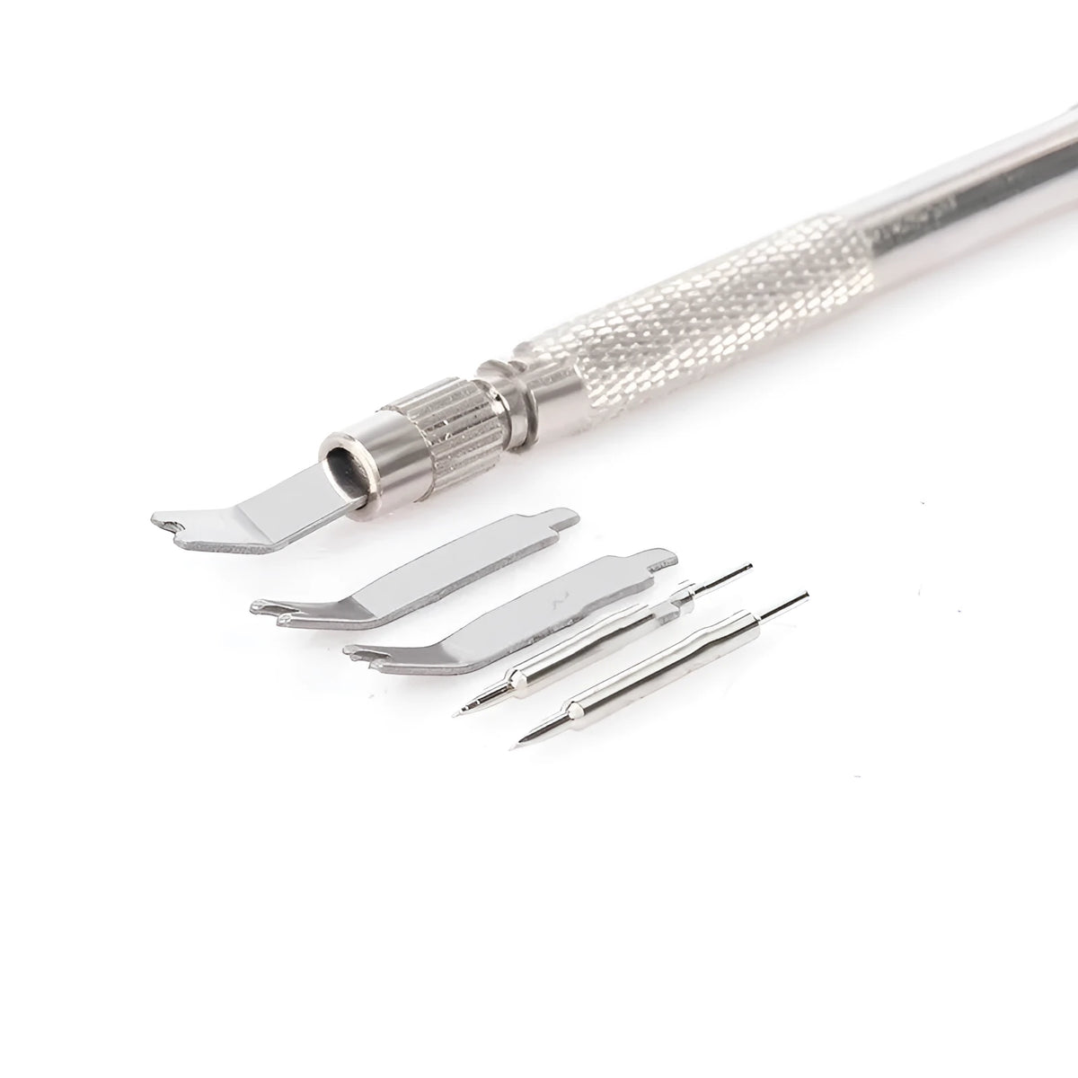 5-piece iron watch strap changing tool set with double end detachable earbud and spare needles in silver
