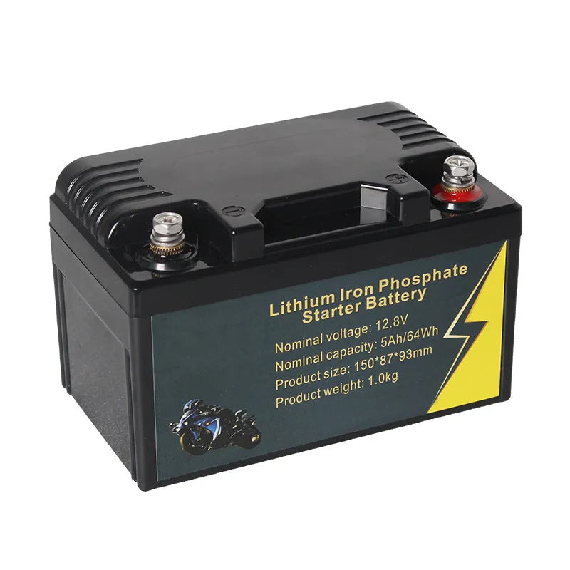 Black 12V 100Ah lithium iron phosphate battery showing terminal connections and compact case.