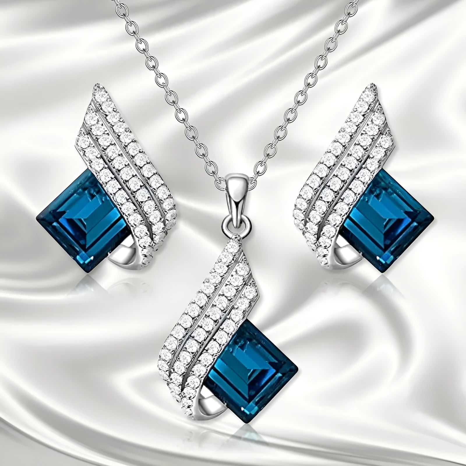 Cross chain necklace with electroplated alloy pendant and matching glass ear stud earrings set