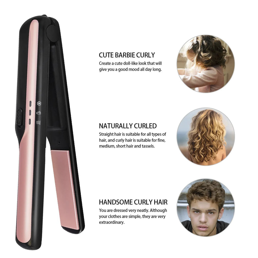 USB wireless hair straightener with tourmaline ceramic 15mm plates, black colour, cordless design on white background