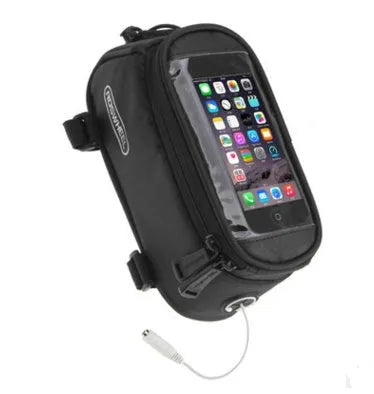 ROSWHEEL black bicycle frame bag holding a mobile phone mounted on a bike tube.