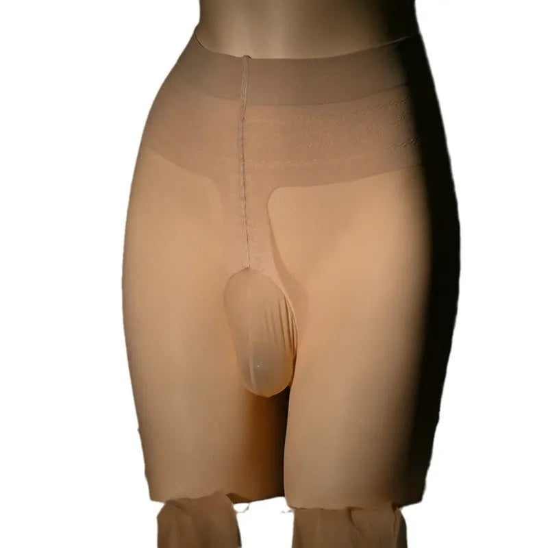 Men's thin transparent stockings in black, skin colour, gray and brown showing jumpsuit length design