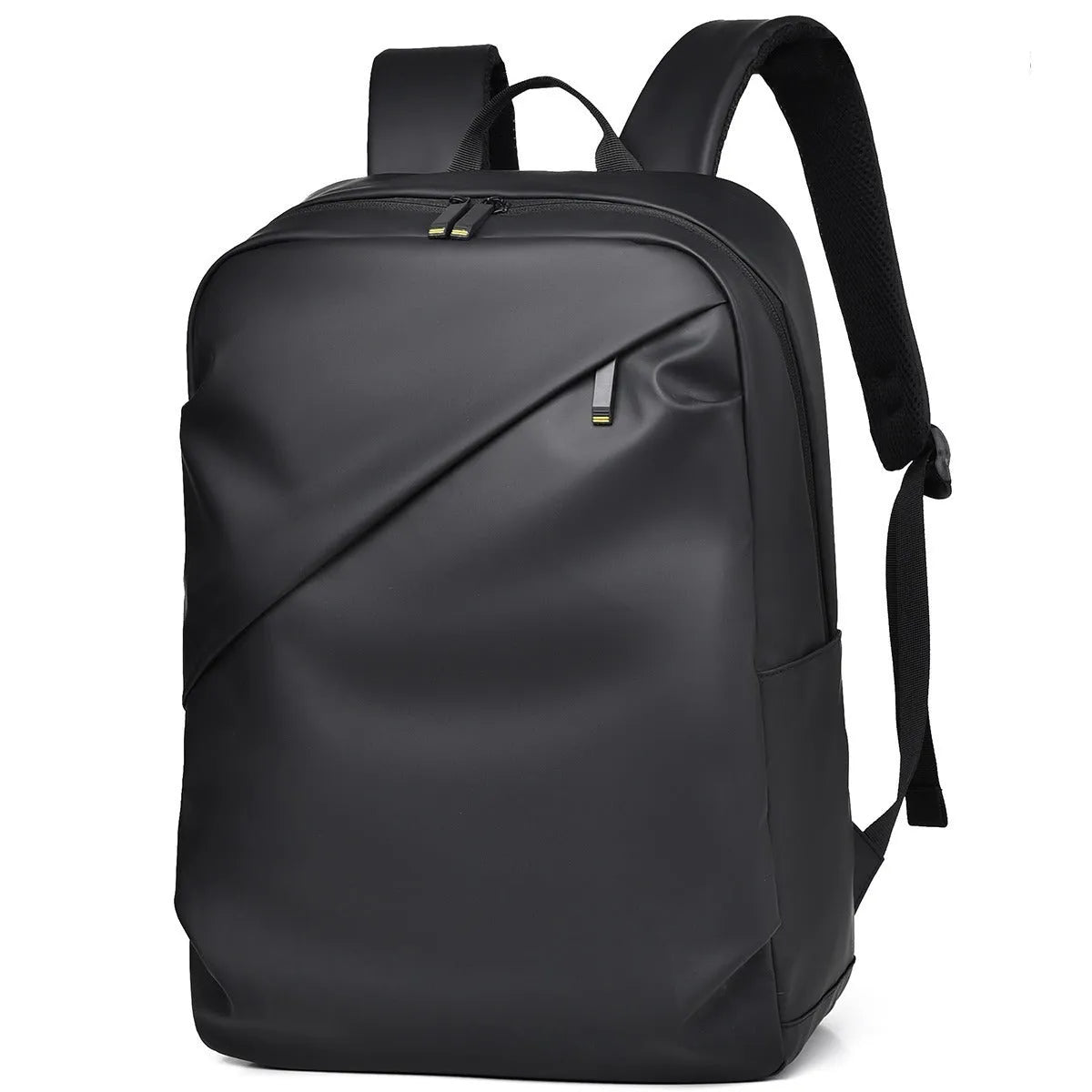Large waterproof PU leather backpack for men in black, shown with computer compartment