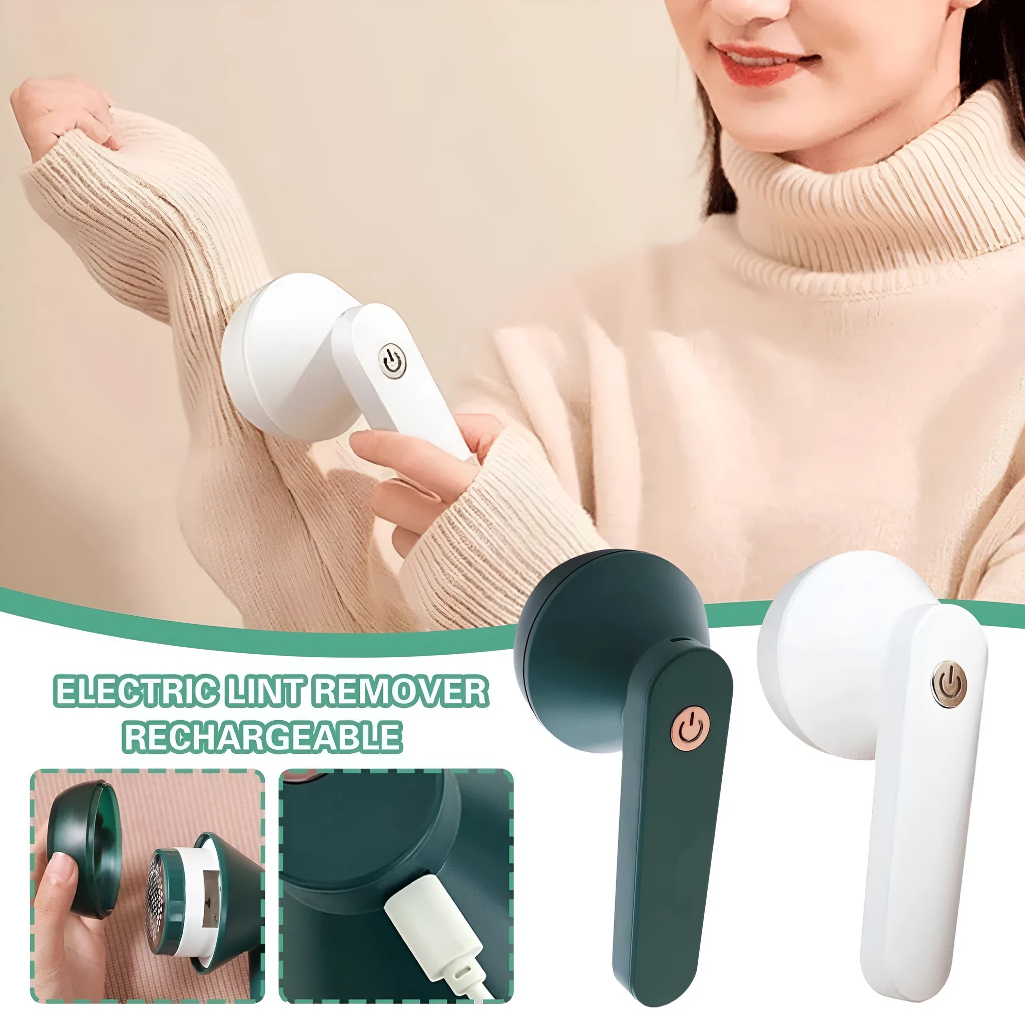 White or green USB rechargeable electric lint remover with a removable lint collection container
